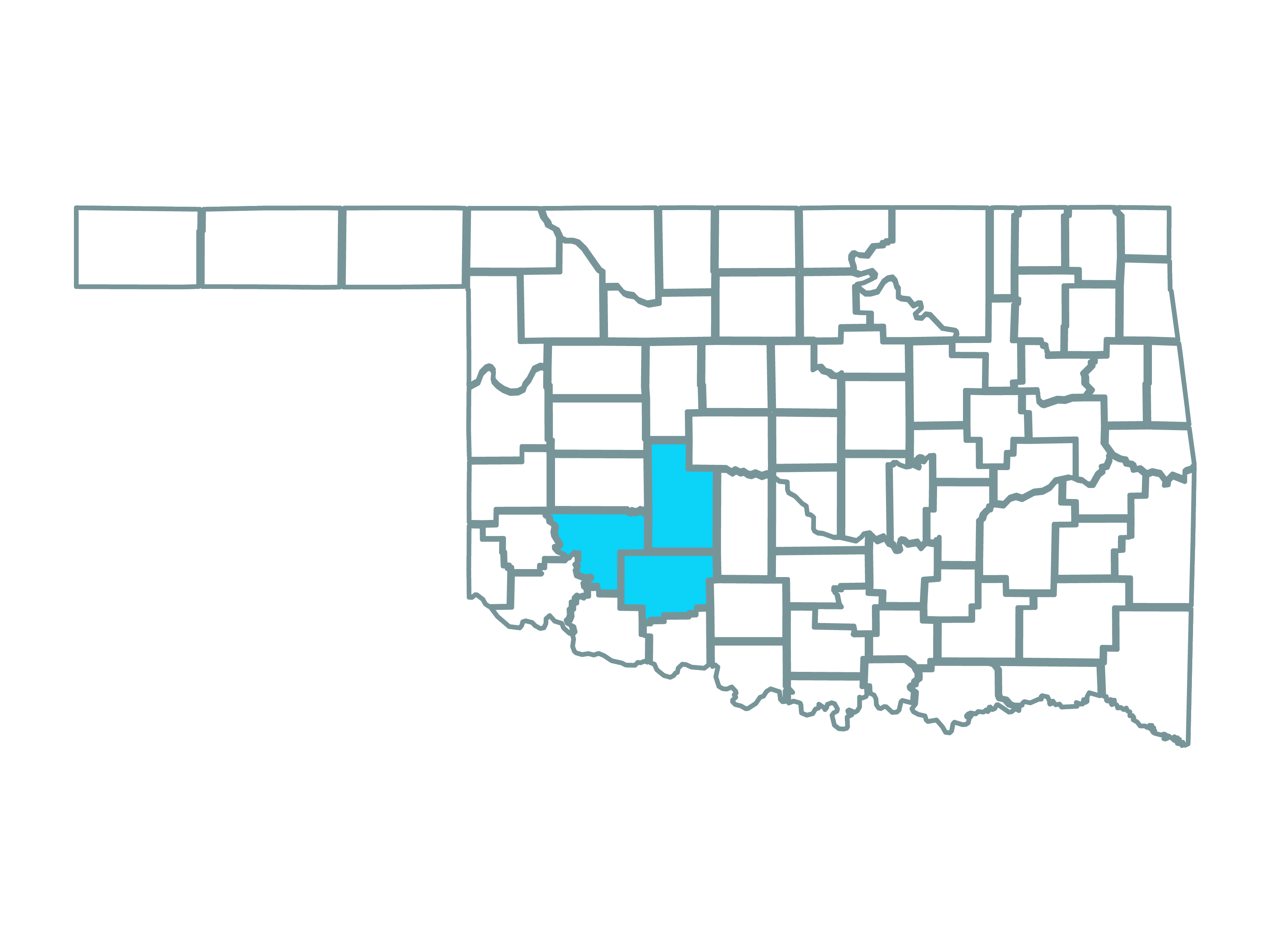 a map showing the state of oklahoma and highlighting caddo, comanche and kiowa counties where the blue canyon wind farm is located.