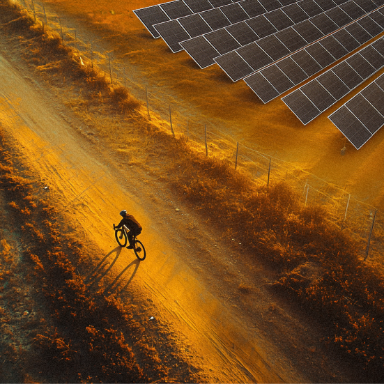 person riding a bicycle near a solar park.