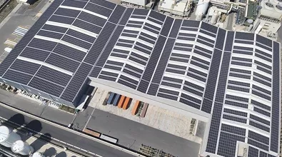 wharehouses covered with solar panels, seen from above