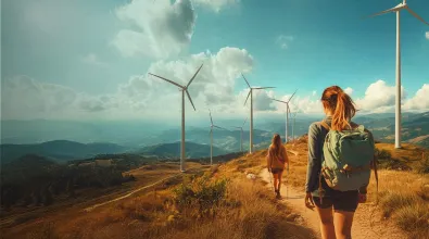 two people walking with wind turbines in the background.