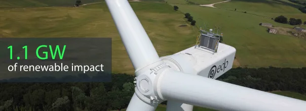 Aerial view of a large white wind turbine over green fields and distant turbines