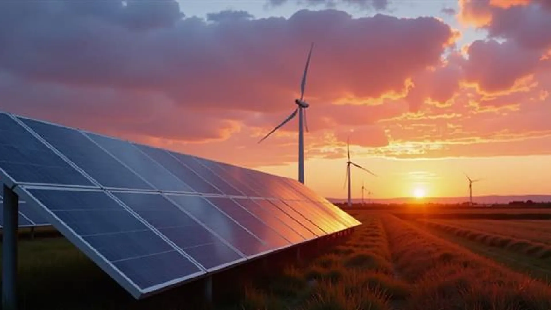 Field with solar panels and wind mills at sunset