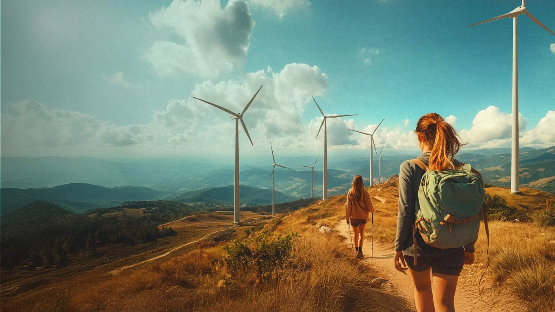 two people walking with wind turbines in the background.