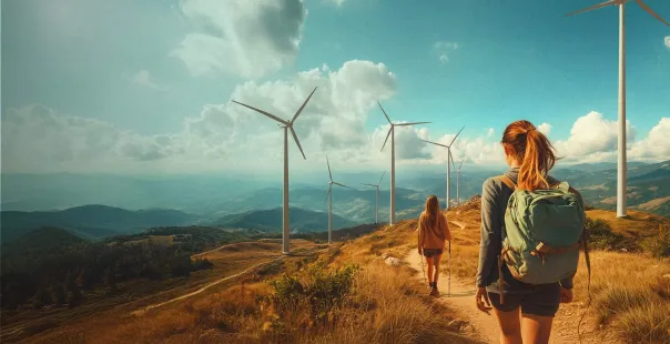 two people walking with wind turbines in the background.
