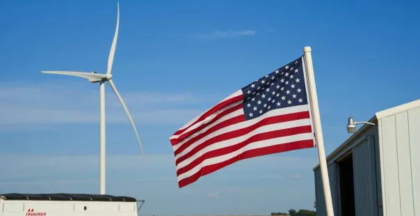 wind turbine and american flag