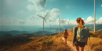 two people walking with wind turbines in the background.