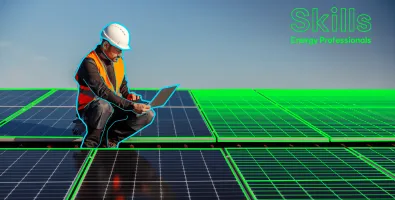 Technician seated with a laptop on a roof covered in solar panels