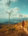 two people walking with wind turbines in the background.